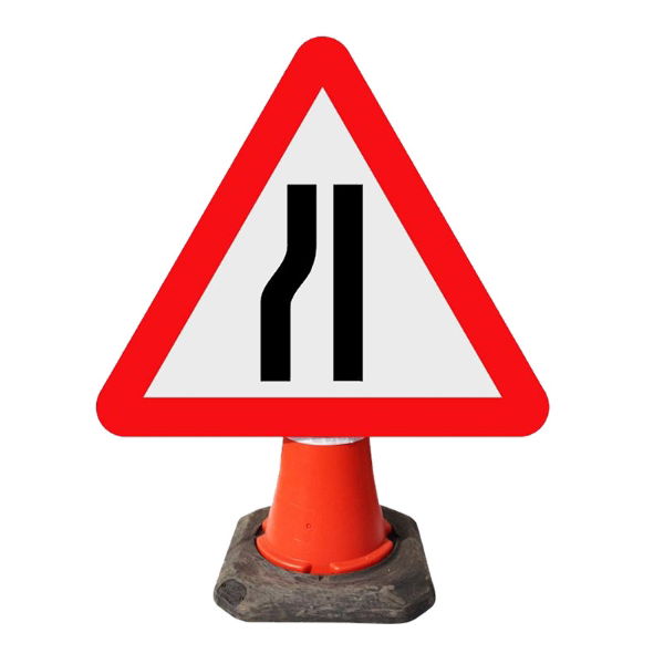 Road Narrows Left Cone Sign